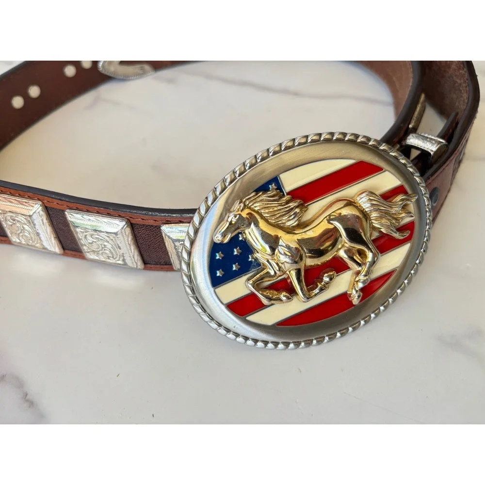 Ranger Belt Western American‎ Flag Horse Belt Brown Leather Concho Tooled 34